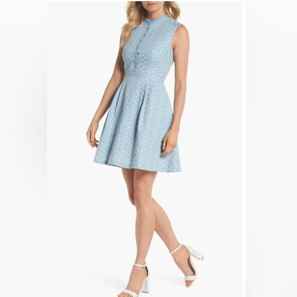 GAL MEETS GLAM COLLECTION QUINN EMBROIDERED CHAMBRAY FIT & FLARE
DRESS